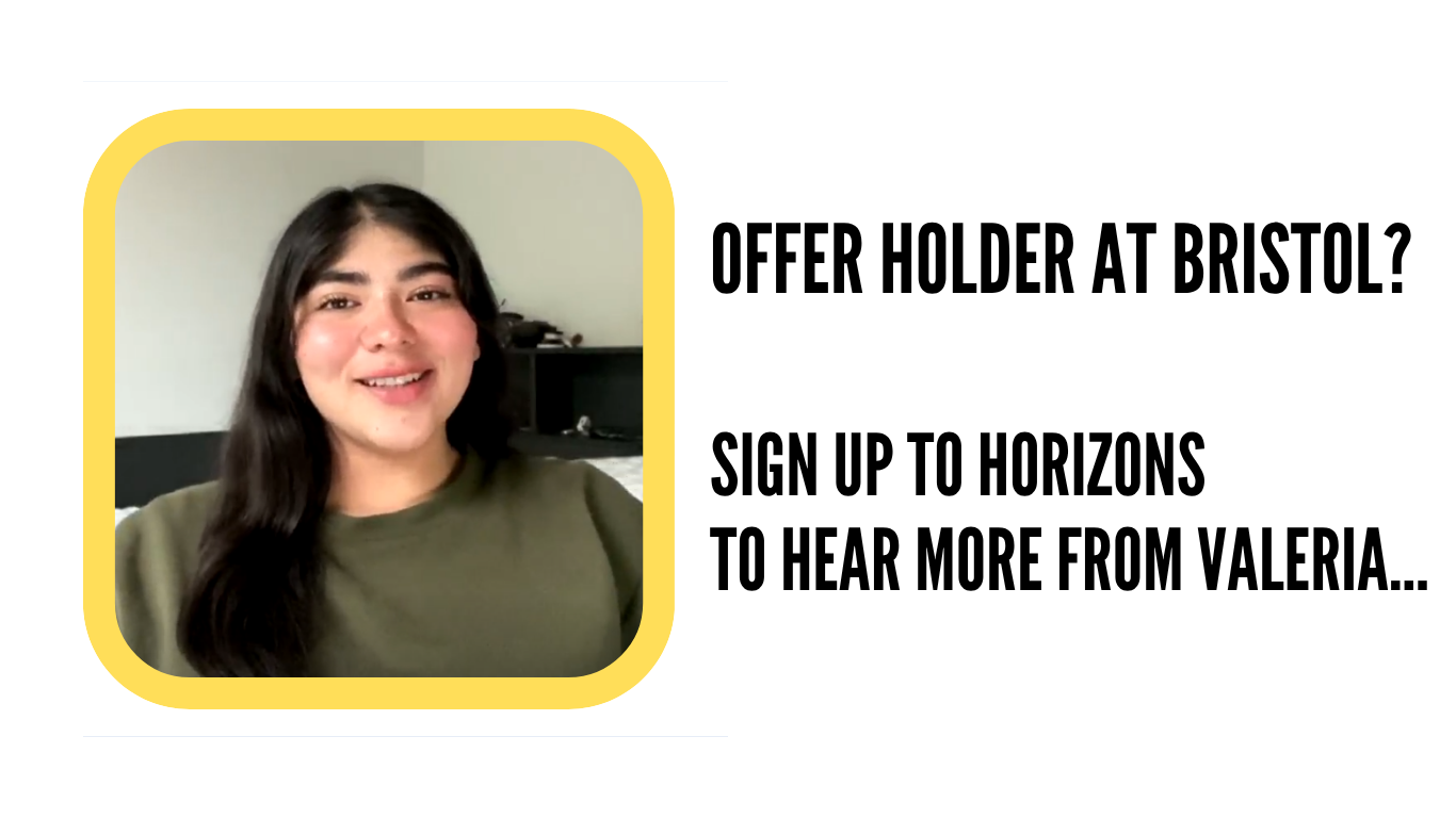 A student named Valeria with long dark hair is smiling in a yellow rounded frame. To the right, bold black text reads, 